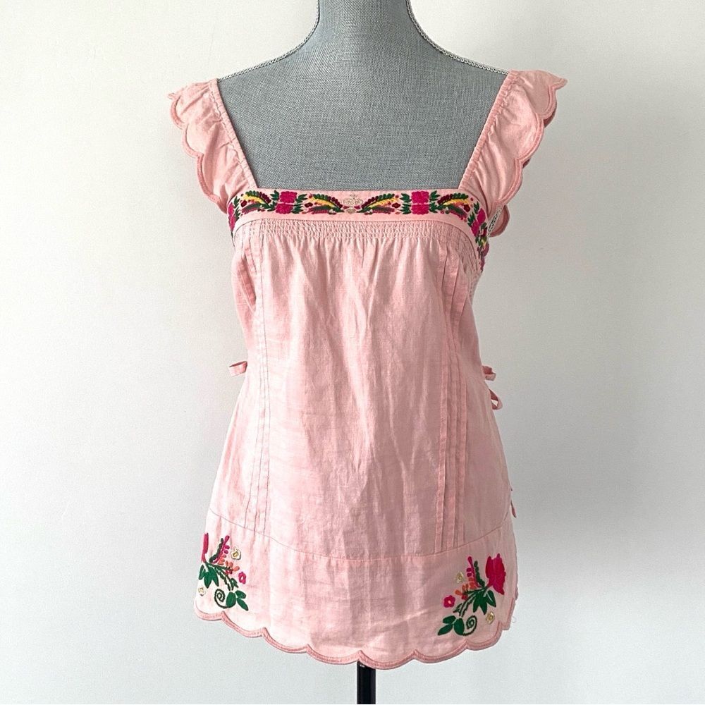 VTG Juicy Couture Light Pink Ruffled Strap Blouse Sz 0 Floral Embroidered Y2K